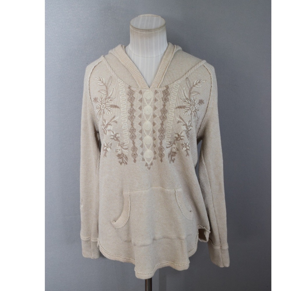 Johnny Was Thermal Hoodie Medium Cream Embroidered Waffle Knit Metallic Boho